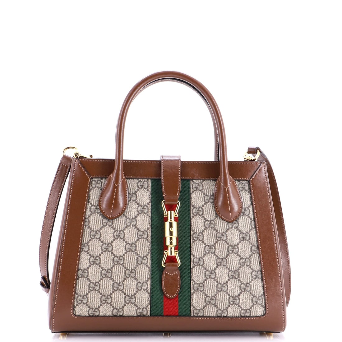 Gucci Jackie 1961 Web Tote GG Canvas and Leather: Properly seen, this Jackie carries the architecture the line has always relied on: the hobo silhouette with the piston-clasp closure that Jackie Onassis carried often enough to be renamed in her honou