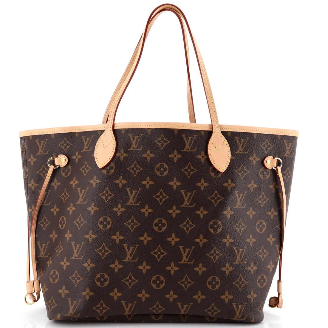 Louis Vuitton Neverfull Tote Monogram Canvas: Examined closely, the Neverfull resolves around a single design idea: the flat shoulder straps, the cinched side ties and the open-tote architecture that gave the line its name. It is finished in Mono