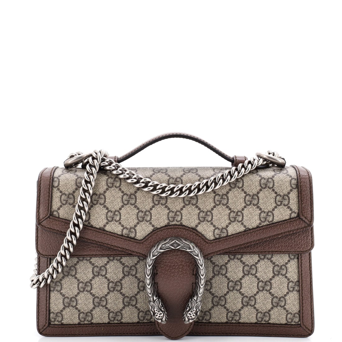 Gucci Dionysus Top Handle Chain Bag GG Coated Canvas: Look closely at the Dionysus and the architecture explains itself - the flap silhouette closed by the tiger-head clasp Alessandro Michele drew from the myth of Dionysus. The piece is finished in GG ca