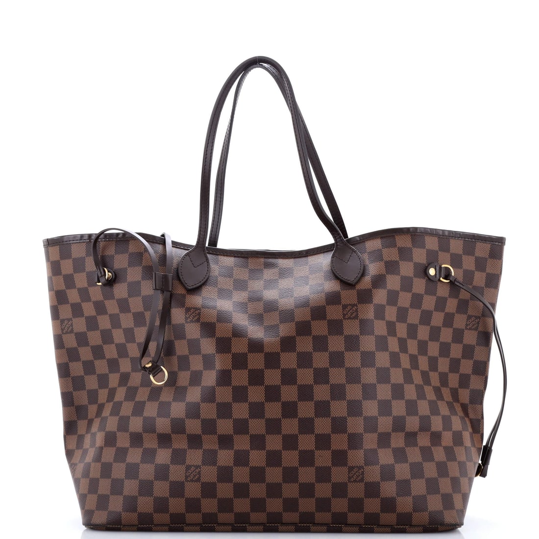 Louis Vuitton Neverfull Tote Damier: Properly seen, this Neverfull carries the architecture the line has always relied on: the flat shoulder straps, the cinched side ties and the open-tote architecture that gave the line its name. Worked