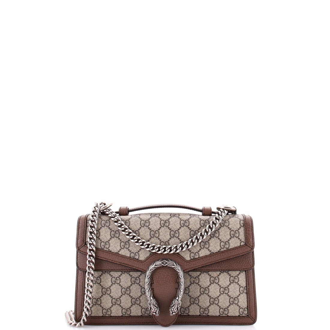 Gucci Dionysus Top Handle Chain Bag GG Coated Canvas: Carried right, the Dionysus reads as the house's working signature: the flap silhouette closed by the tiger-head clasp Alessandro Michele drew from the myth of Dionysus. Built from GG canvas - the coa