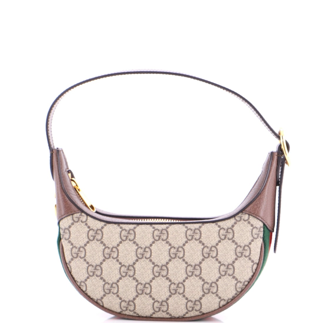 Gucci Ophidia Half Moon Bag GG Coated Canvas: There is a reason the Ophidia keeps returning to the conversation, and this Gucci example is part of it: the boxy silhouette finished with the green-red-green Web stripe Aldo Gucci first stitched onto