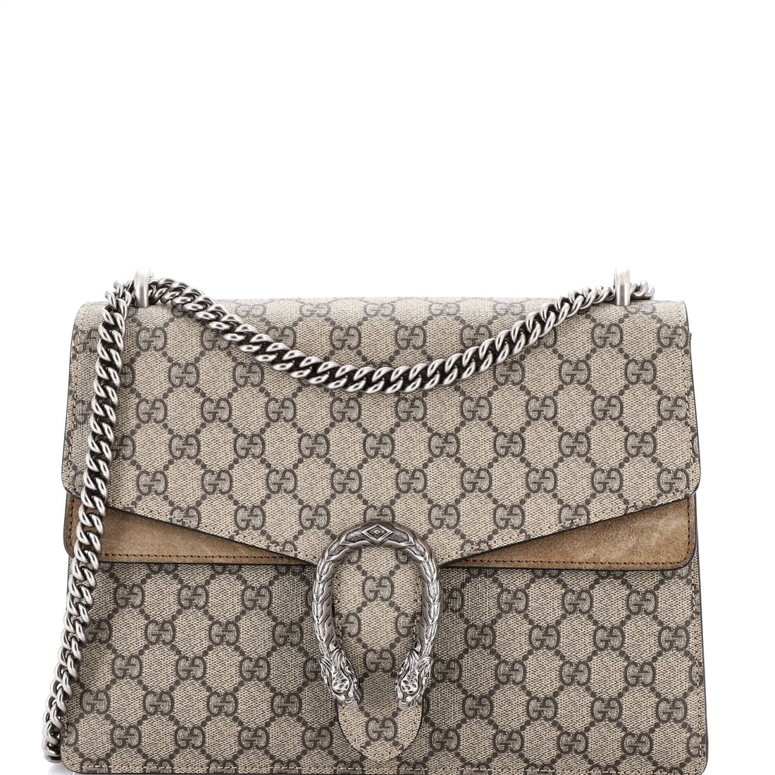 Gucci Dionysus Bag GG Coated Canvas: Pieces like this Gucci Dionysus are why the line is considered a baseline: the flap silhouette closed by the tiger-head clasp Alessandro Michele drew from the myth of Dionysus. The piece is finished i