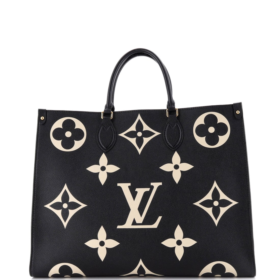 Louis Vuitton OnTheGo Tote Bicolor Monogram Empreinte Giant: Examined closely, the OnTheGo resolves around a single design idea: the open-tote architecture with twin handles top and shoulder, sized to carry a laptop and a paperback in the same compartment. Work