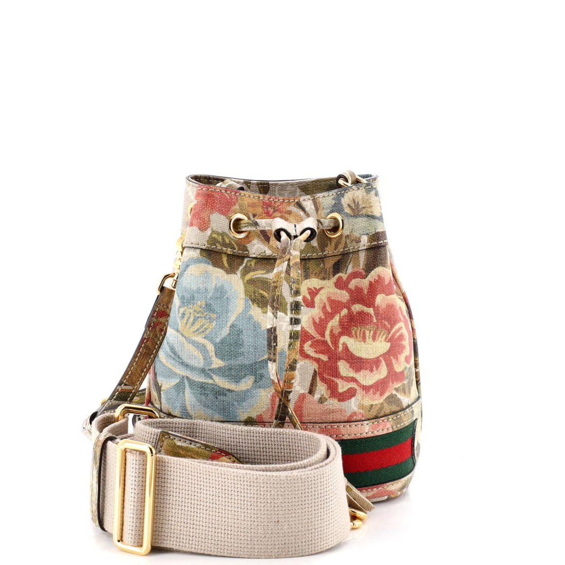Gucci Ophidia Bucket Bag Water Flora GG Coated Canvas: Properly seen, this Ophidia carries the architecture the line has always relied on: the boxy silhouette finished with the green-red-green Web stripe Aldo Gucci first stitched onto saddlery in the 1950