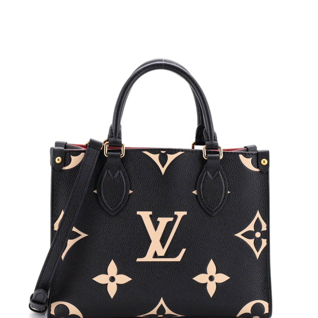 Louis Vuitton OnTheGo Tote Bicolor Monogram Empreinte Giant: Louis Vuitton's OnTheGo arrives in the architecture that made the line known: the open-tote architecture with twin handles top and shoulder, sized to carry a laptop and a paperback in the same compart