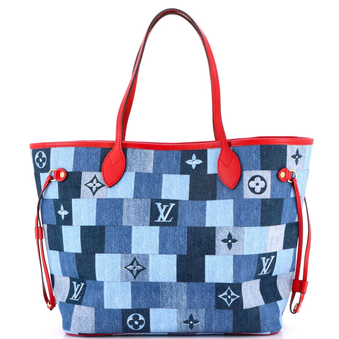 Louis Vuitton Neverfull Tote Damier and Monogram Patchwork Denim: Properly seen, this Neverfull carries the architecture the line has always relied on: the flat shoulder straps, the cinched side ties and the open-tote architecture that gave the line its name. The fi