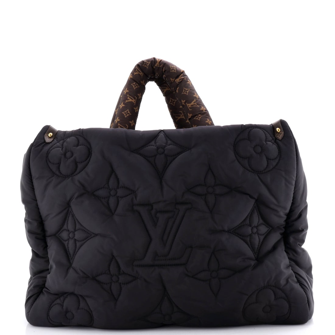 Louis Vuitton Pillow OnTheGo Tote Monogram Quilted Econyl Nylon: Louis Vuitton's OnTheGo arrives in the architecture that made the line known: the open-tote architecture with twin handles top and shoulder, sized to carry a laptop and a paperback in the same compart