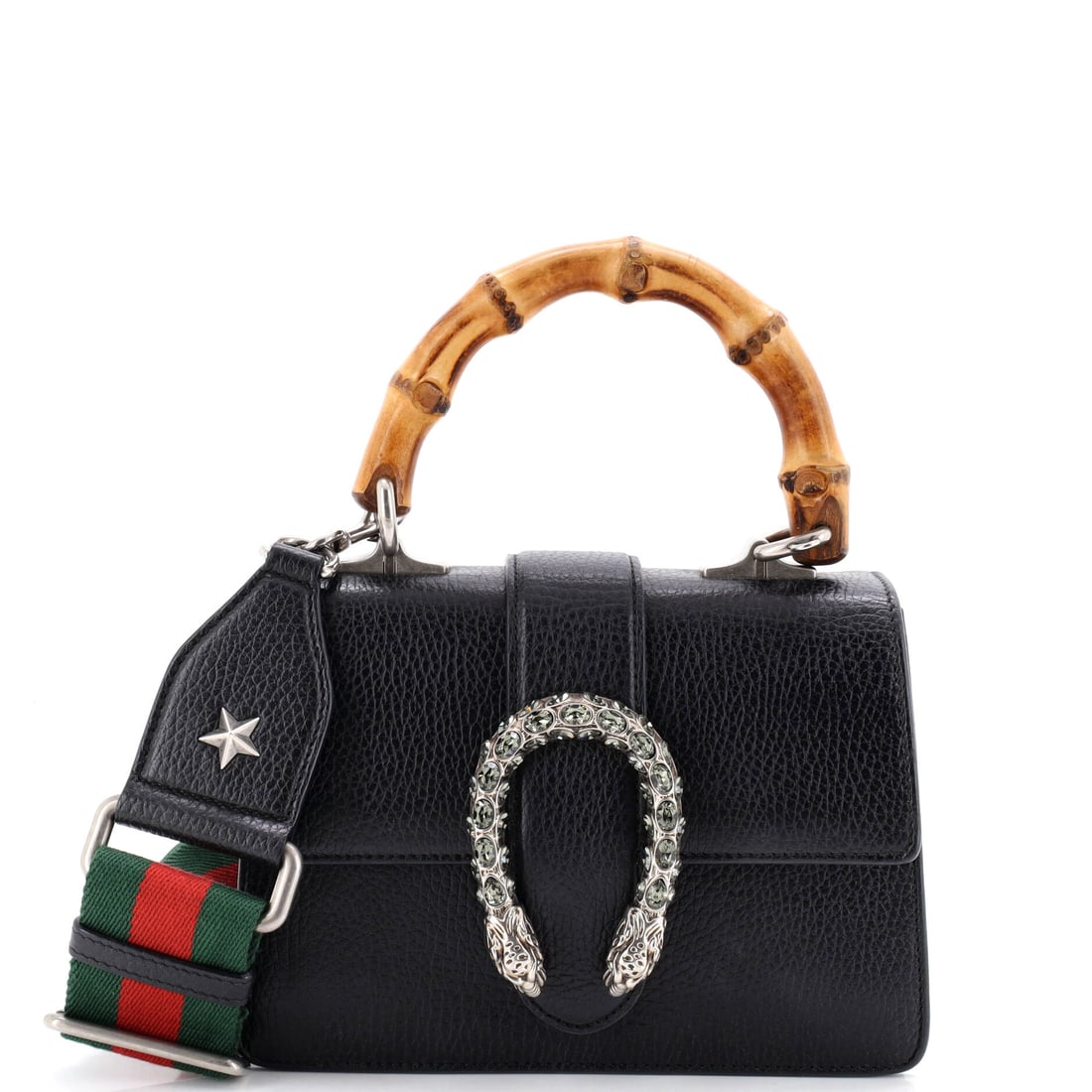 Gucci Dionysus Bamboo Top Handle Bag Leather: There is a reason the Dionysus keeps returning to the conversation, and this Gucci example is part of it: the flap silhouette closed by the tiger-head clasp Alessandro Michele drew from the myth of