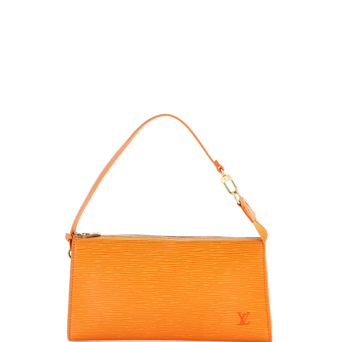 Louis Vuitton Pochette Accessoires Epi Leather: Properly seen, this Pochette carries the architecture the line has always relied on: the slim, flat clutch profile sized to read as deliberate rather than decorative. It is rendered in Epi -