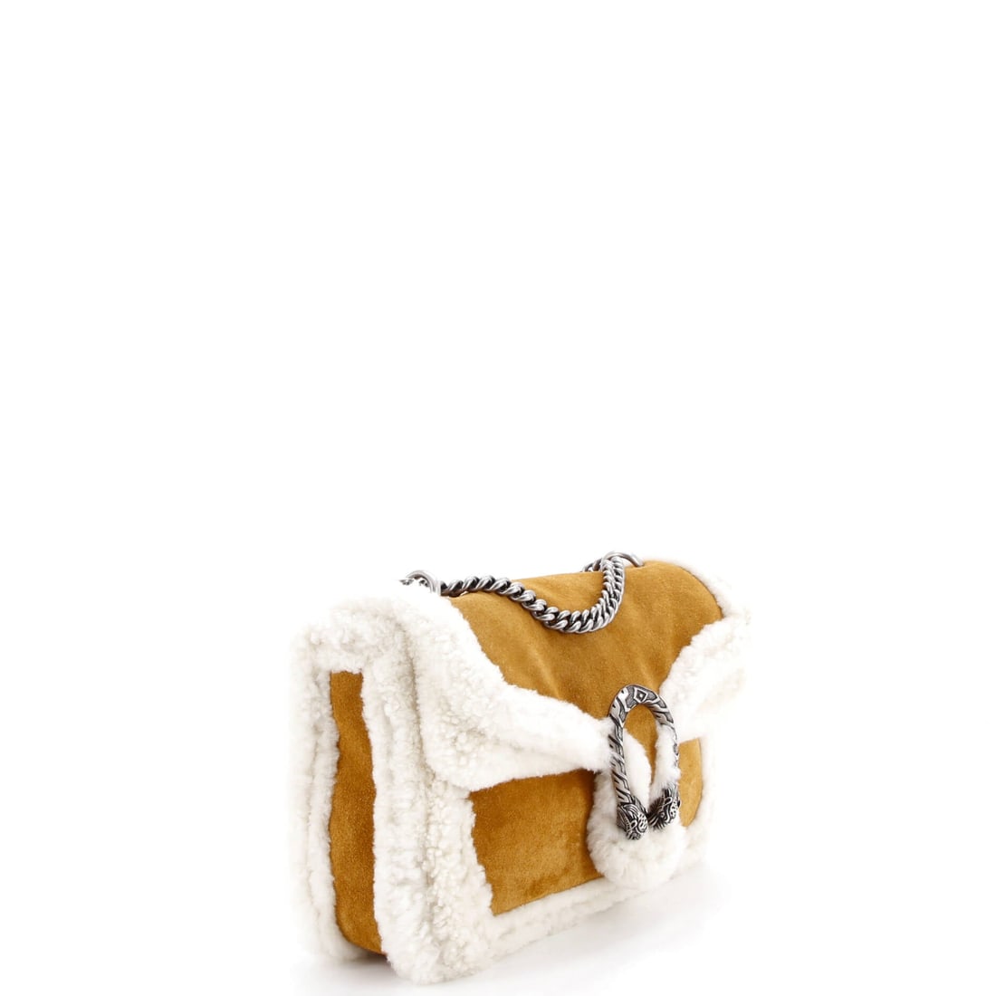 Gucci Dionysus Bag Suede with Shearling: Examined closely, the Dionysus resolves around a single design idea: the flap silhouette closed by the tiger-head clasp Alessandro Michele drew from the myth of Dionysus. The 7 by 11 by 3.5 inch