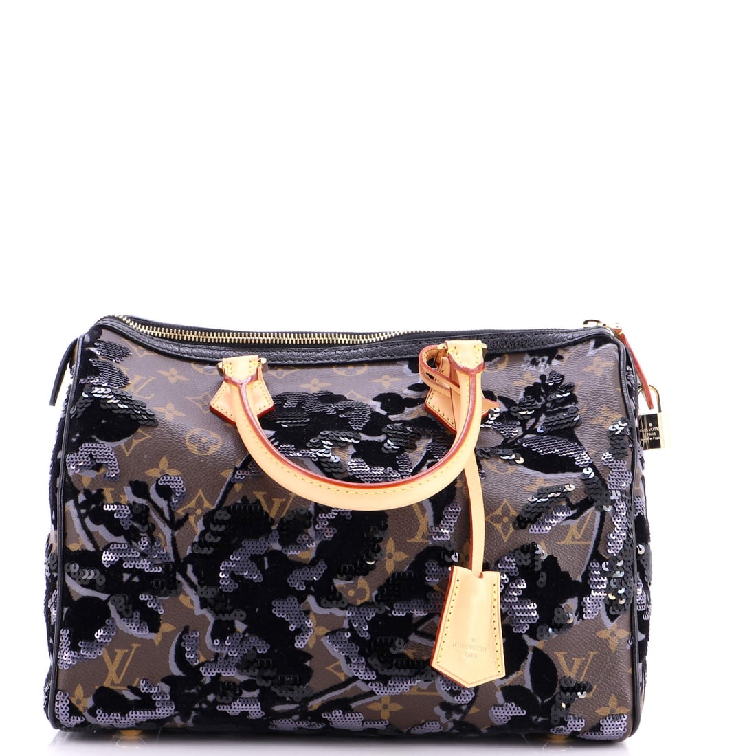Louis Vuitton Speedy Handbag Fleur De Jais Monogram Canvas: Look closely at the Speedy and the architecture explains itself - the rolled top handles, the curved silhouette and the front-and-back symmetry that have made it the most copied bag in handbag history
