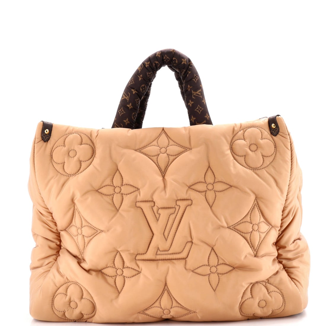 Louis Vuitton Pillow OnTheGo Tote Monogram Quilted Econyl Nylon: Set against its lineage, this Louis Vuitton OnTheGo reads as a measured example of the line, built around the open-tote architecture with twin handles top and shoulder, sized to carry a laptop and a p