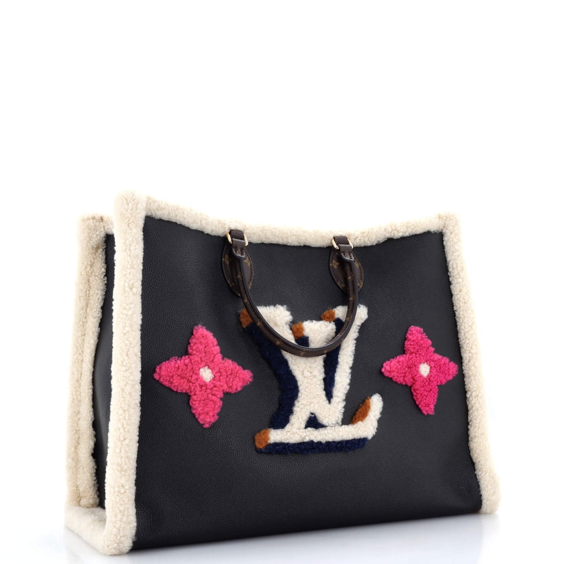 Louis Vuitton OnTheGo Tote Leather and Monogram Teddy Shearling: The reason the OnTheGo continues to anchor the Louis Vuitton catalogue is simple: the open-tote architecture with twin handles top and shoulder, sized to carry a laptop and a paperback in the same com