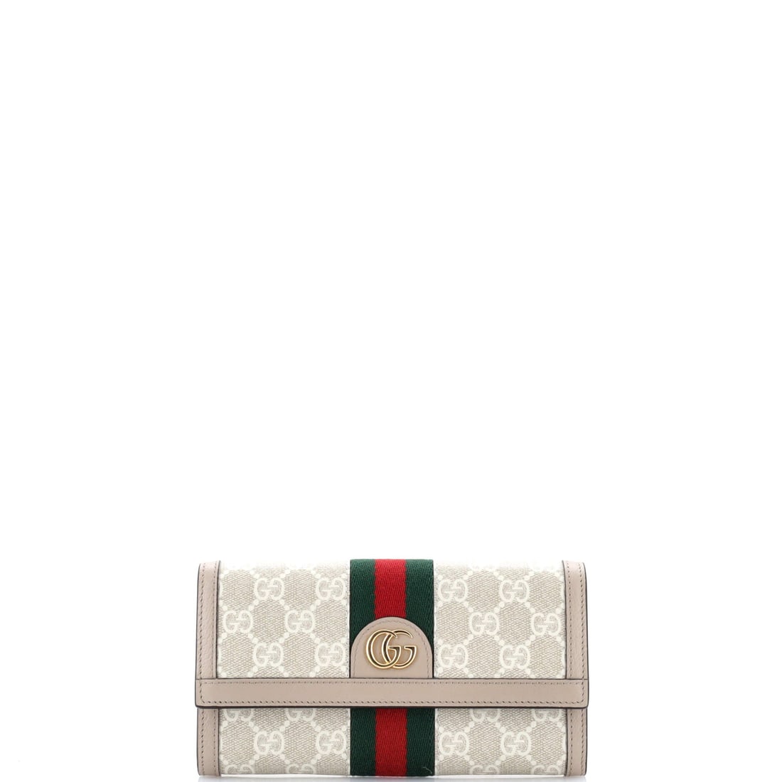 Gucci Ophidia Continental Wallet GG Coated Canvas: Examined closely, the Ophidia resolves around a single design idea: the boxy silhouette finished with the green-red-green Web stripe Aldo Gucci first stitched onto saddlery in the 1950s. It is rendere