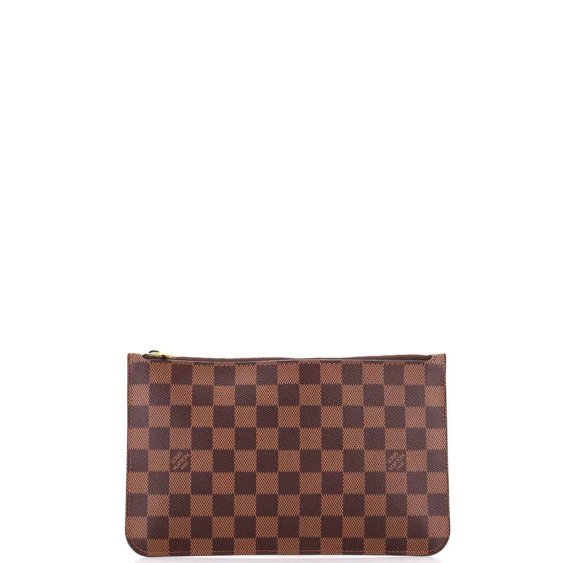 Louis Vuitton Neverfull Pochette Damier: Look closely at the Neverfull and the architecture explains itself - the flat shoulder straps, the cinched side ties and the open-tote architecture that gave the line its name. Worked in Damier - Vuit