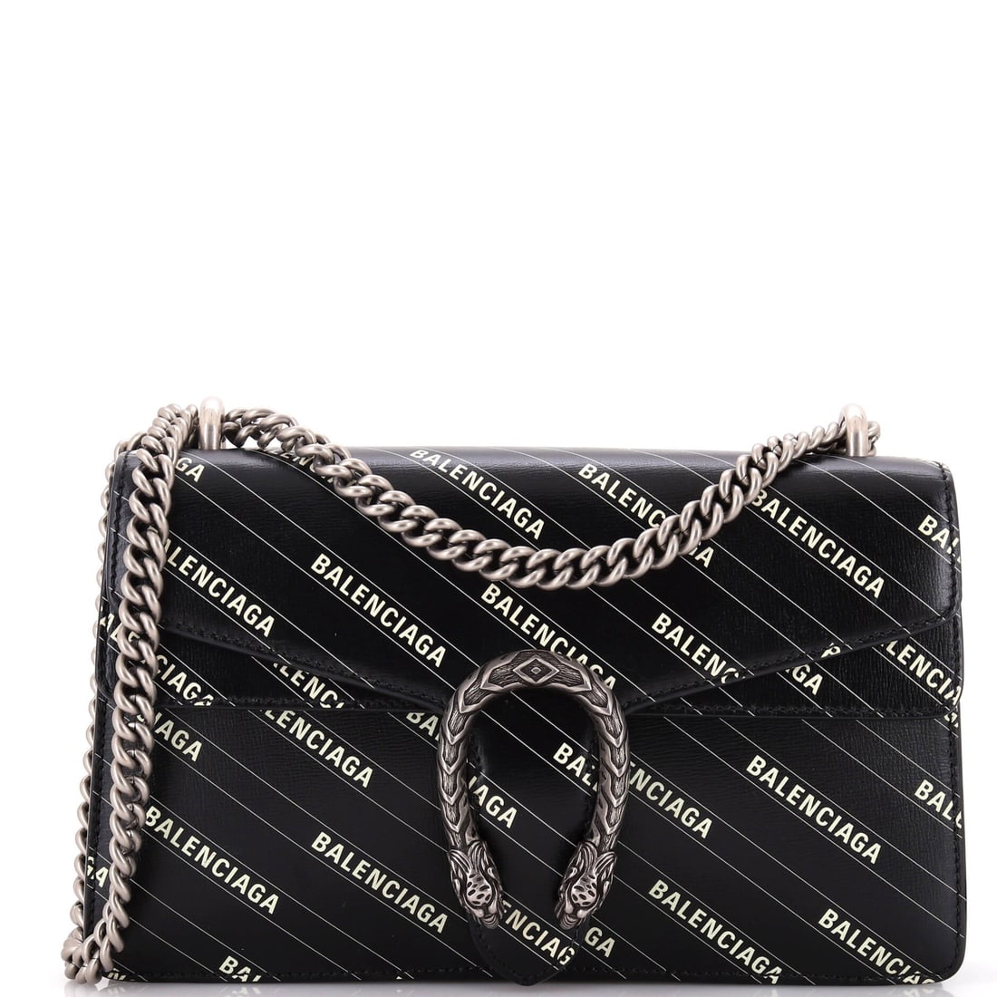 Gucci x Balenciaga The Hacker Project Dionysus Bag Logo Printed Leather: Gucci's Dionysus arrives in the architecture that made the line known: the flap silhouette closed by the tiger-head clasp Alessandro Michele drew from the myth of Dionysus. Sized with a comfortable ev