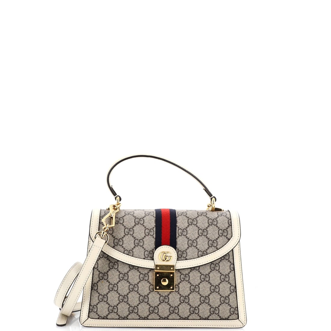 Gucci Ophidia Flap Top Handle Bag GG Coated Canvas: The reason the Ophidia continues to anchor the Gucci catalogue is simple: the boxy silhouette finished with the green-red-green Web stripe Aldo Gucci first stitched onto saddlery in the 1950s. Built f