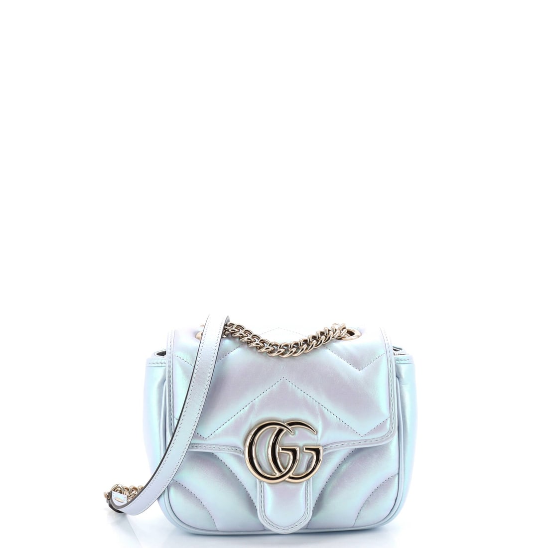 Gucci GG Marmont Square Flap Bag Chevron Iridescent Leather: Set against its lineage, this Gucci Marmont reads as a measured example of the line, built around the quilted-leather flap silhouette finished with the antique-finish double-G clasp that names it. Wit