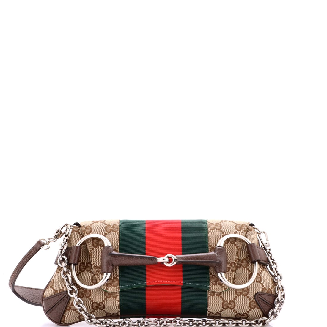 Gucci Horsebit NM Web Chain Clutch GG Canvas: At full read, the Horsebit is exactly what the line has always promised: the architecture the model has been recognised for. The finish is GG canvas - the coated cotton jacquard that has carried the h