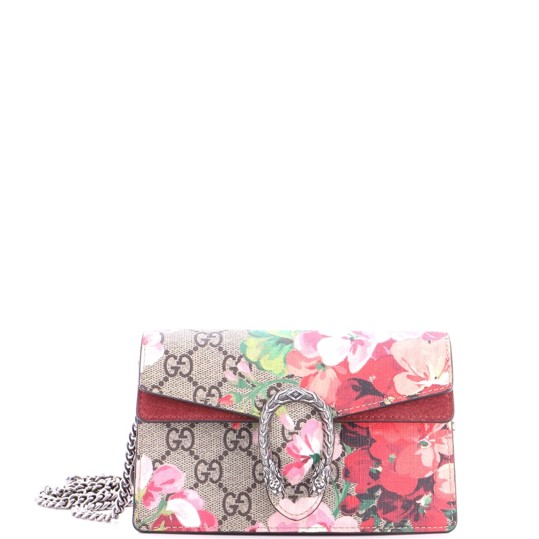 Gucci Dionysus Bag Blooms Print GG Coated Canvas: What anchors this Gucci Dionysus is precisely what anchors the line: the flap silhouette closed by the tiger-head clasp Alessandro Michele drew from the myth of Dionysus. Built from GG canvas - the co