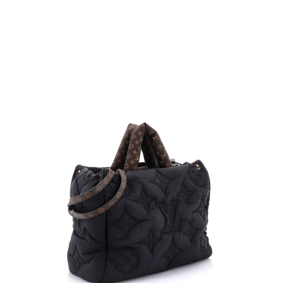 Louis Vuitton Pillow OnTheGo Tote Monogram Quilted Econyl Nylon: The OnTheGo arrives here in the form the line is known for: the open-tote architecture with twin handles top and shoulder, sized to carry a laptop and a paperback in the same compartment. The finish i