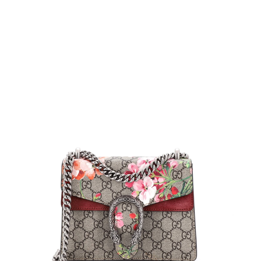 Gucci Dionysus Bag Blooms Print GG Coated Canvas: This is the Dionysus as the line is meant to read - the flap silhouette closed by the tiger-head clasp Alessandro Michele drew from the myth of Dionysus, in the proportions Gucci has held since debut.