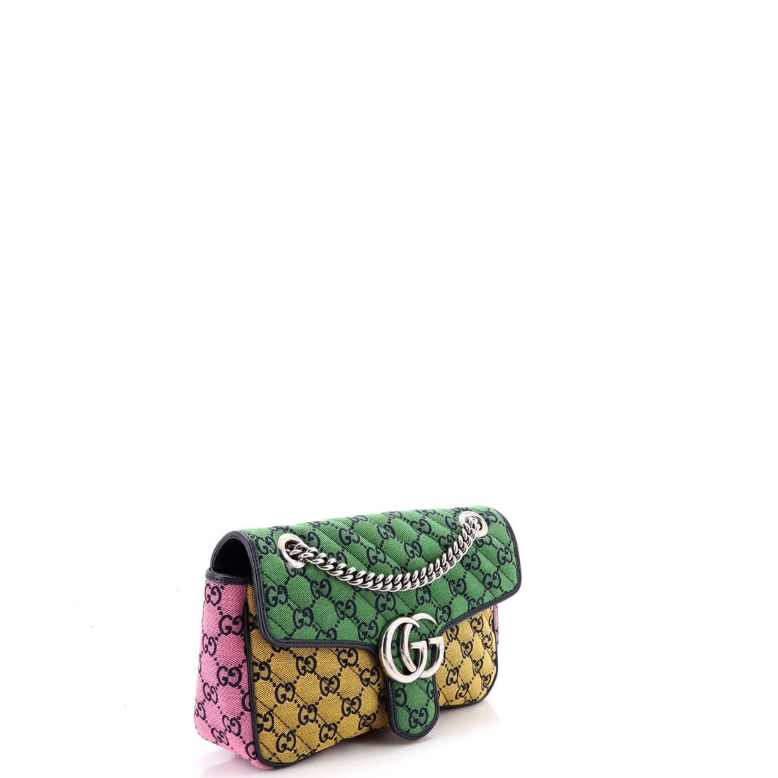 Gucci GG Marmont Flap Bag Diagonal Quilted GG Canvas with Leather: Read this Marmont against its lineage and the design choices line up exactly: the quilted-leather flap silhouette finished with the antique-finish double-G clasp that names it. It is rendered in GG ca