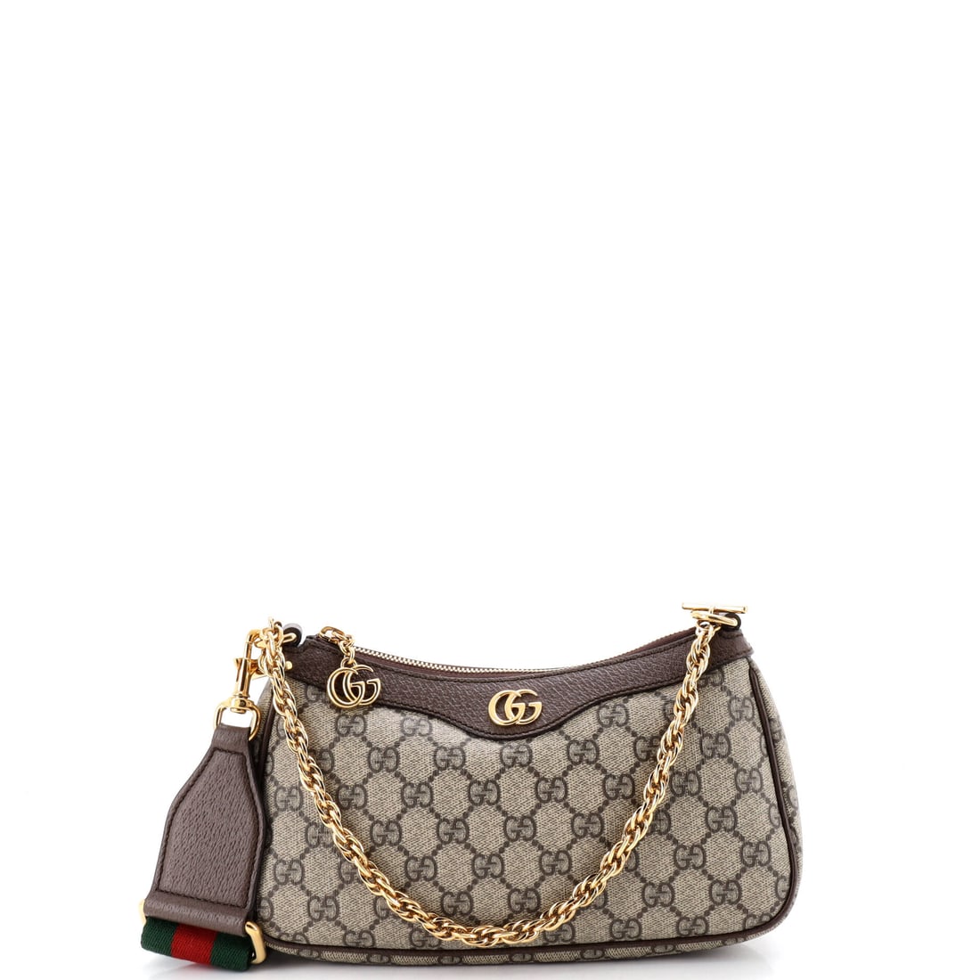 Gucci Ophidia Charm Shoulder Bag GG Coated Canvas: This is the Ophidia as the line is meant to read - the boxy silhouette finished with the green-red-green Web stripe Aldo Gucci first stitched onto saddlery in the 1950s, in the proportions Gucci has h