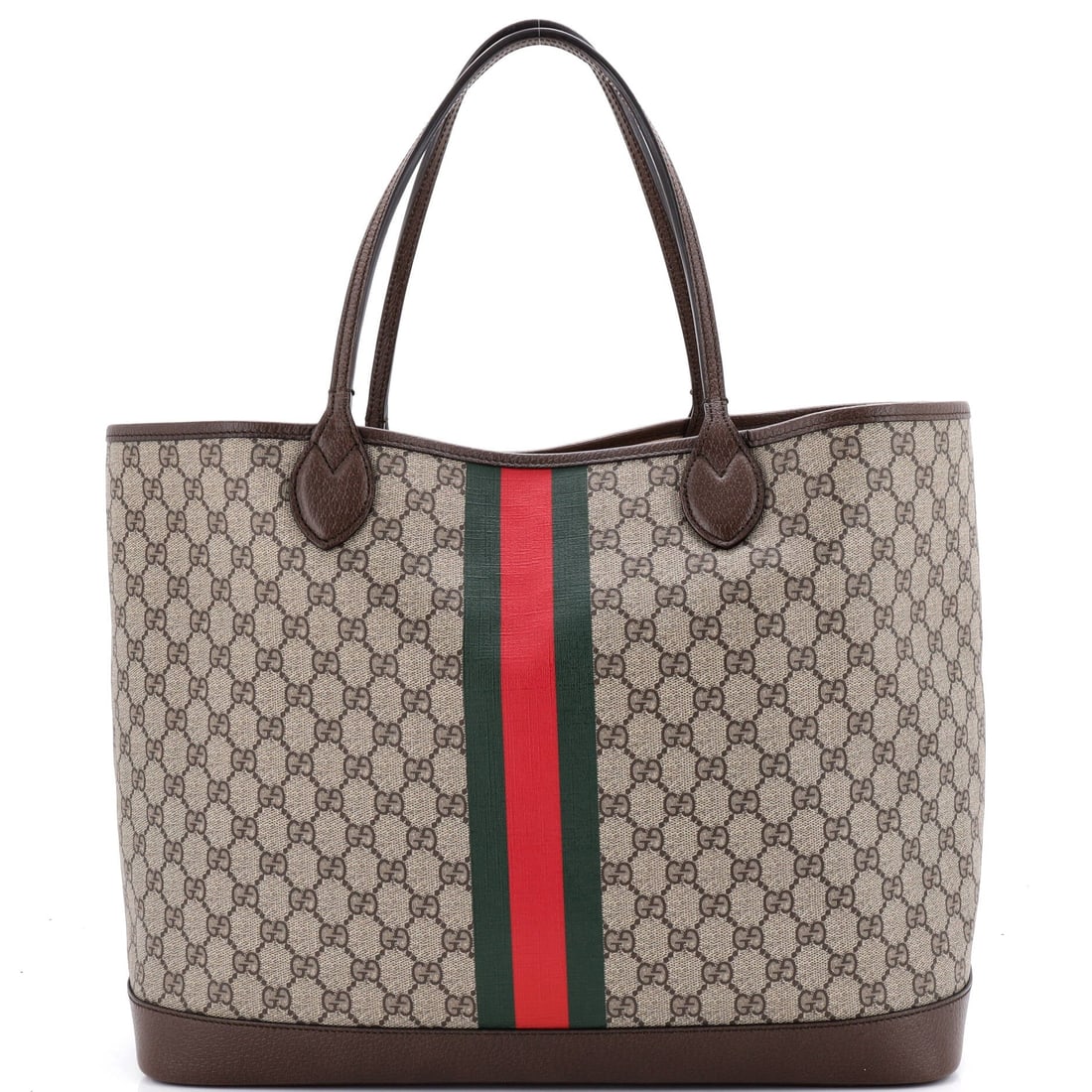 Gucci Ophidia Open Shopping Tote GG Coated Canvas: This is the Ophidia as the line is meant to read - the boxy silhouette finished with the green-red-green Web stripe Aldo Gucci first stitched onto saddlery in the 1950s, in the proportions Gucci has h
