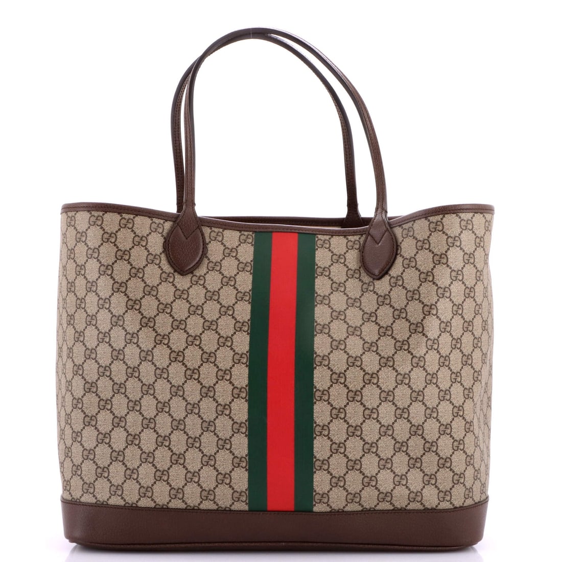 Gucci Ophidia Open Shopping Tote GG Coated Canvas: Among Gucci's working silhouettes, the Ophidia is the one collectors return to first - the boxy silhouette finished with the green-red-green Web stripe Aldo Gucci first stitched onto saddlery in the 1
