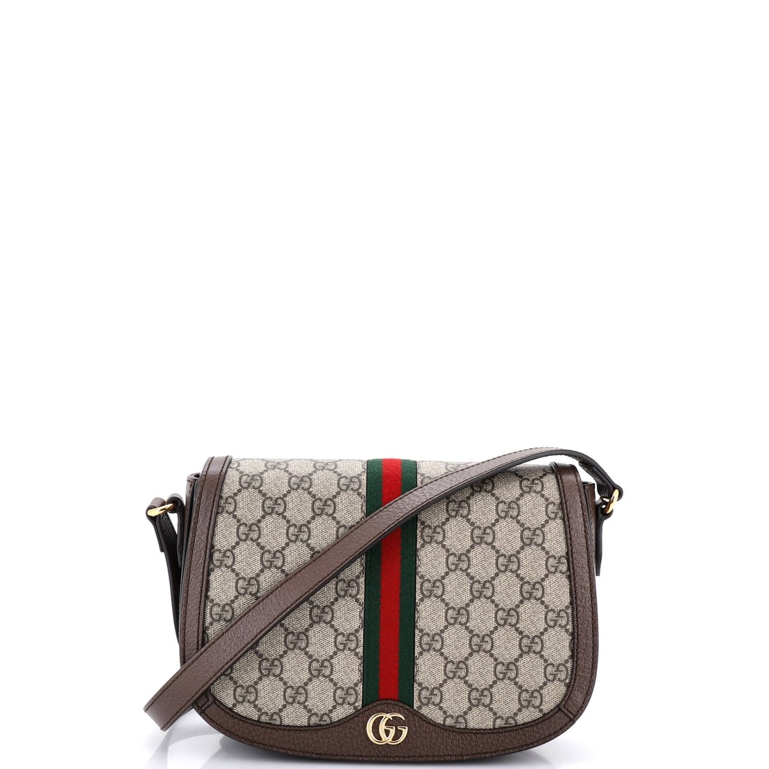 Gucci Ophidia Saddle Flap Shoulder Bag GG Coated Canvas: Stand the Ophidia on a flat surface and the design logic shows itself - the boxy silhouette finished with the green-red-green Web stripe Aldo Gucci first stitched onto saddlery in the 1950s. It is fin