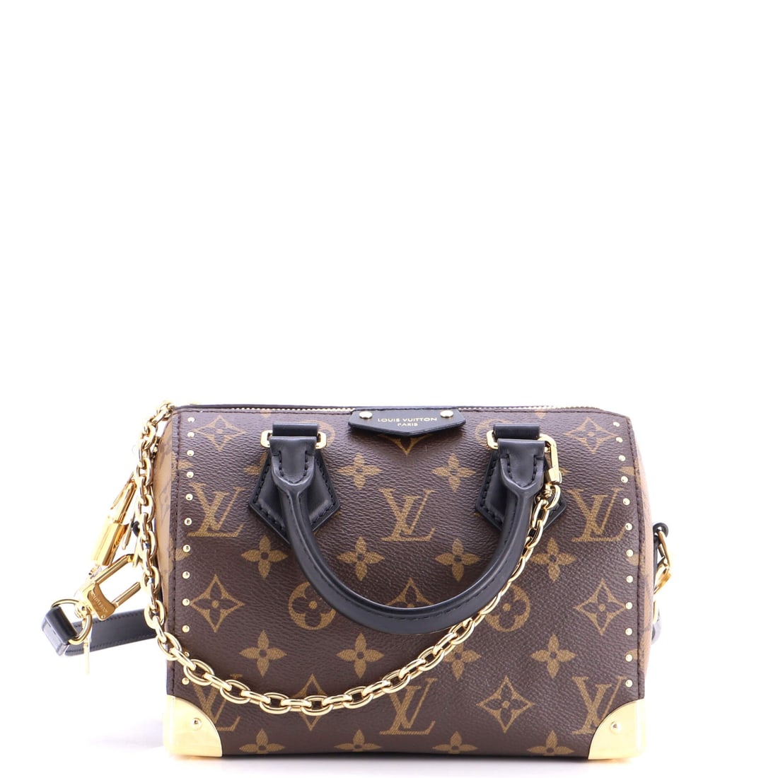 Louis Vuitton Speedy Trunk Bag Reverse Monogram Canvas: At full read, the Speedy is exactly what the line has always promised: the rolled top handles, the curved silhouette and the front-and-back symmetry that have made it the most copied bag in handbag hi