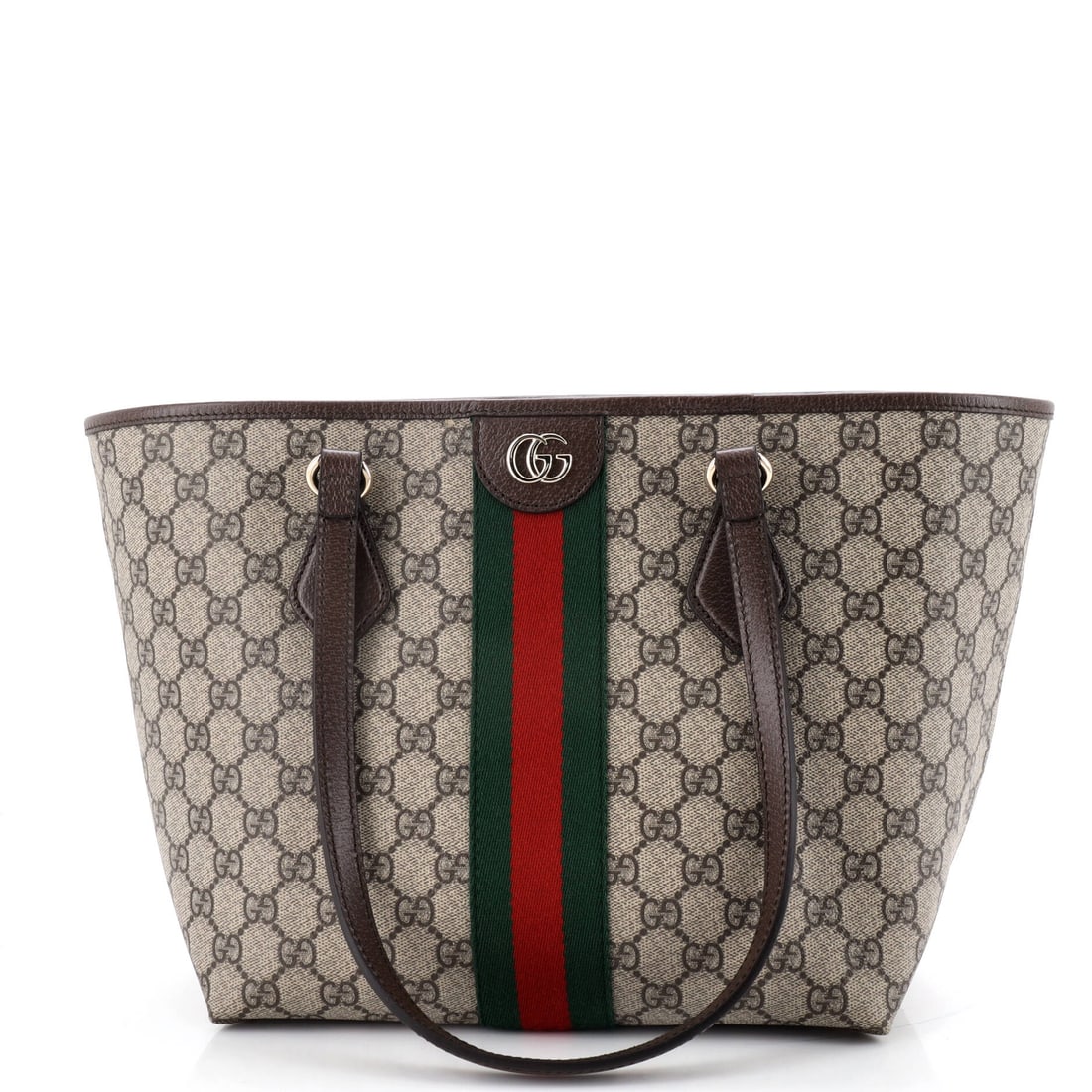 Gucci Ophidia Shopper Tote GG Coated Canvas: The reason the Ophidia continues to anchor the Gucci catalogue is simple: the boxy silhouette finished with the green-red-green Web stripe Aldo Gucci first stitched onto saddlery in the 1950s. Worked 