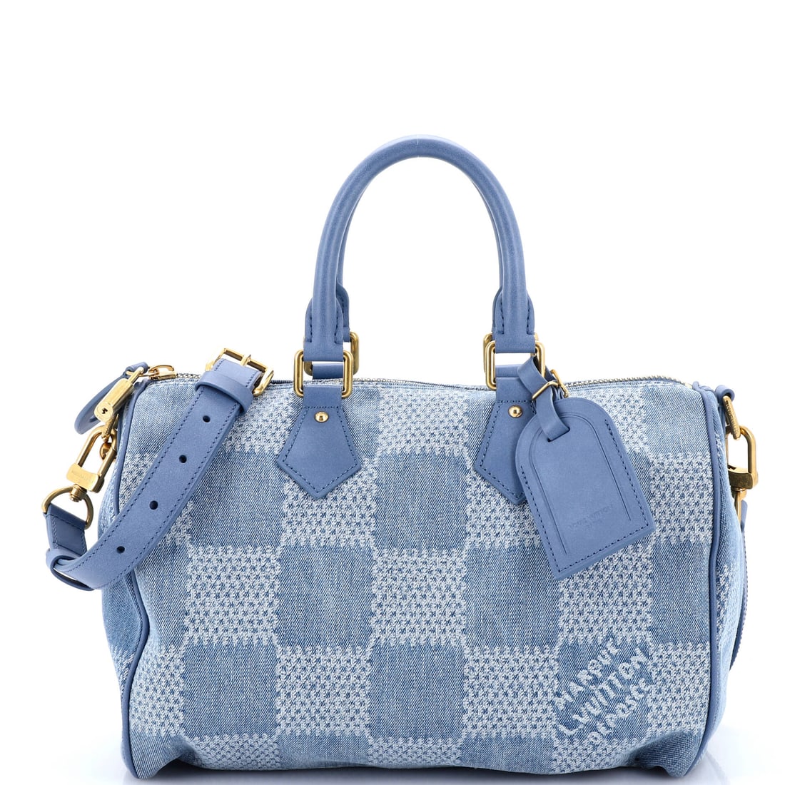 Louis Vuitton Speedy Bandouliere Bag 3D Damier Giant Denim: Properly seen, this Speedy carries the architecture the line has always relied on: the rolled top handles, the curved silhouette and the front-and-back symmetry that have made it the most copied bag i