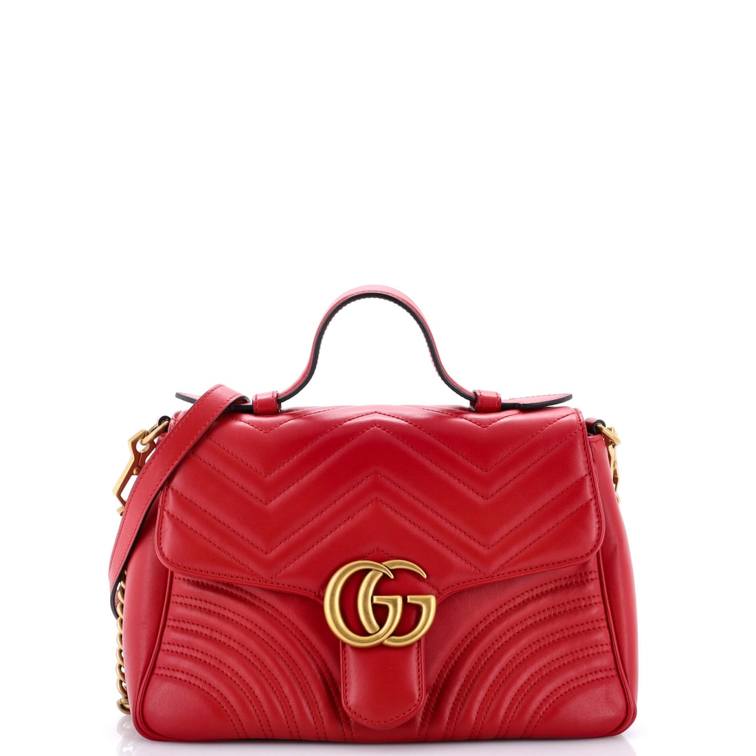 Gucci GG Marmont Top Handle Flap Bag Matelasse Leather: Pieces like this Gucci Marmont are why the line is considered a baseline: the quilted-leather flap silhouette finished with the antique-finish double-G clasp that names it. The finish is matelasse lea