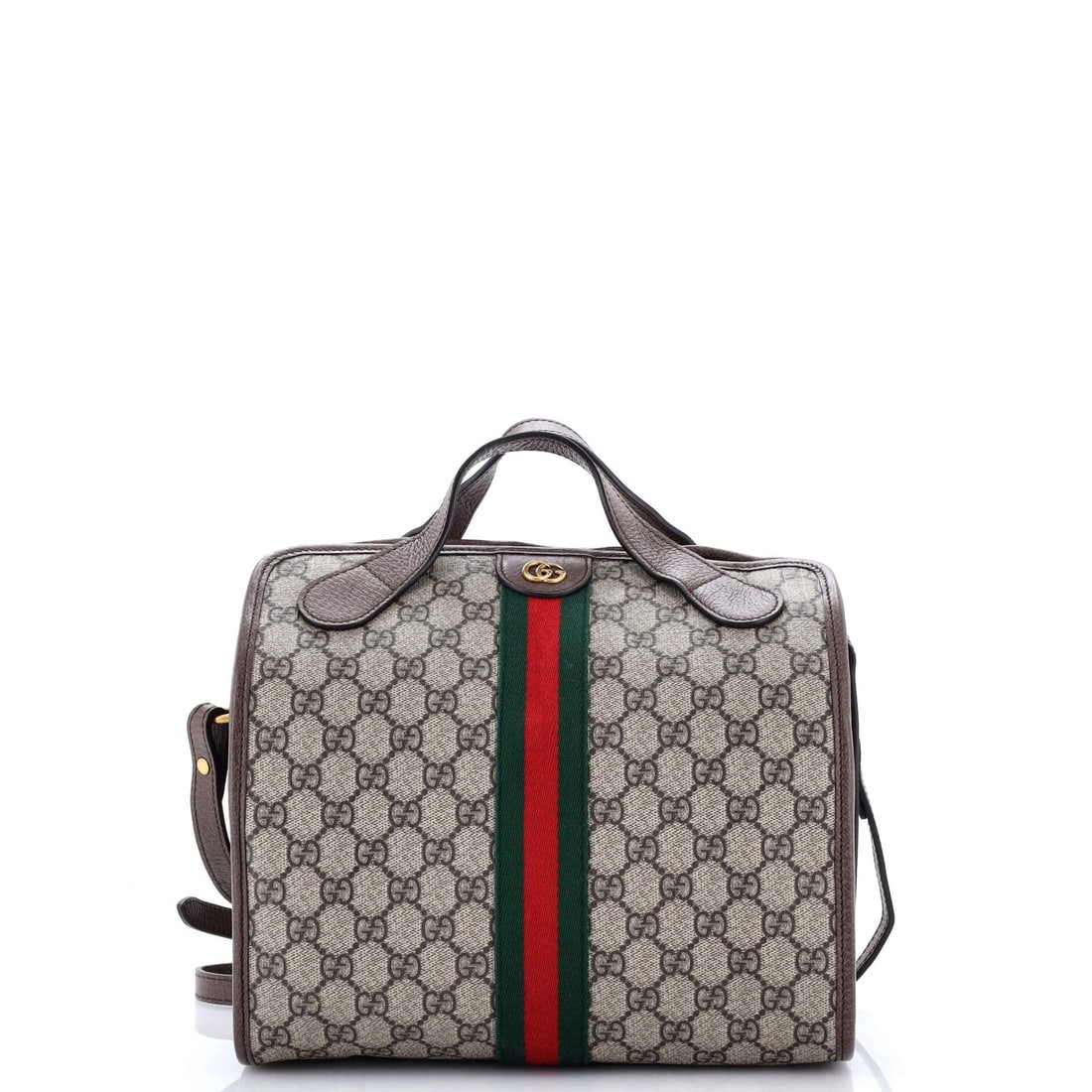 Gucci Ophidia Fold Over Duffle Bag GG Coated Canvas: The Ophidia arrives here in the form the line is known for: the boxy silhouette finished with the green-red-green Web stripe Aldo Gucci first stitched onto saddlery in the 1950s. Built from GG canvas 