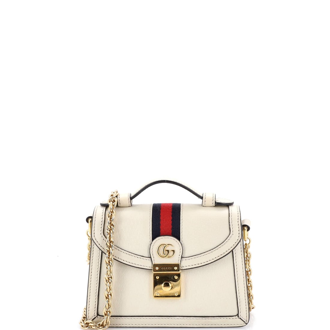 Gucci Ophidia Flap Top Handle Bag Leather: Set against its lineage, this Gucci Ophidia reads as a measured example of the line, built around the boxy silhouette finished with the green-red-green Web stripe Aldo Gucci first stitched onto saddle