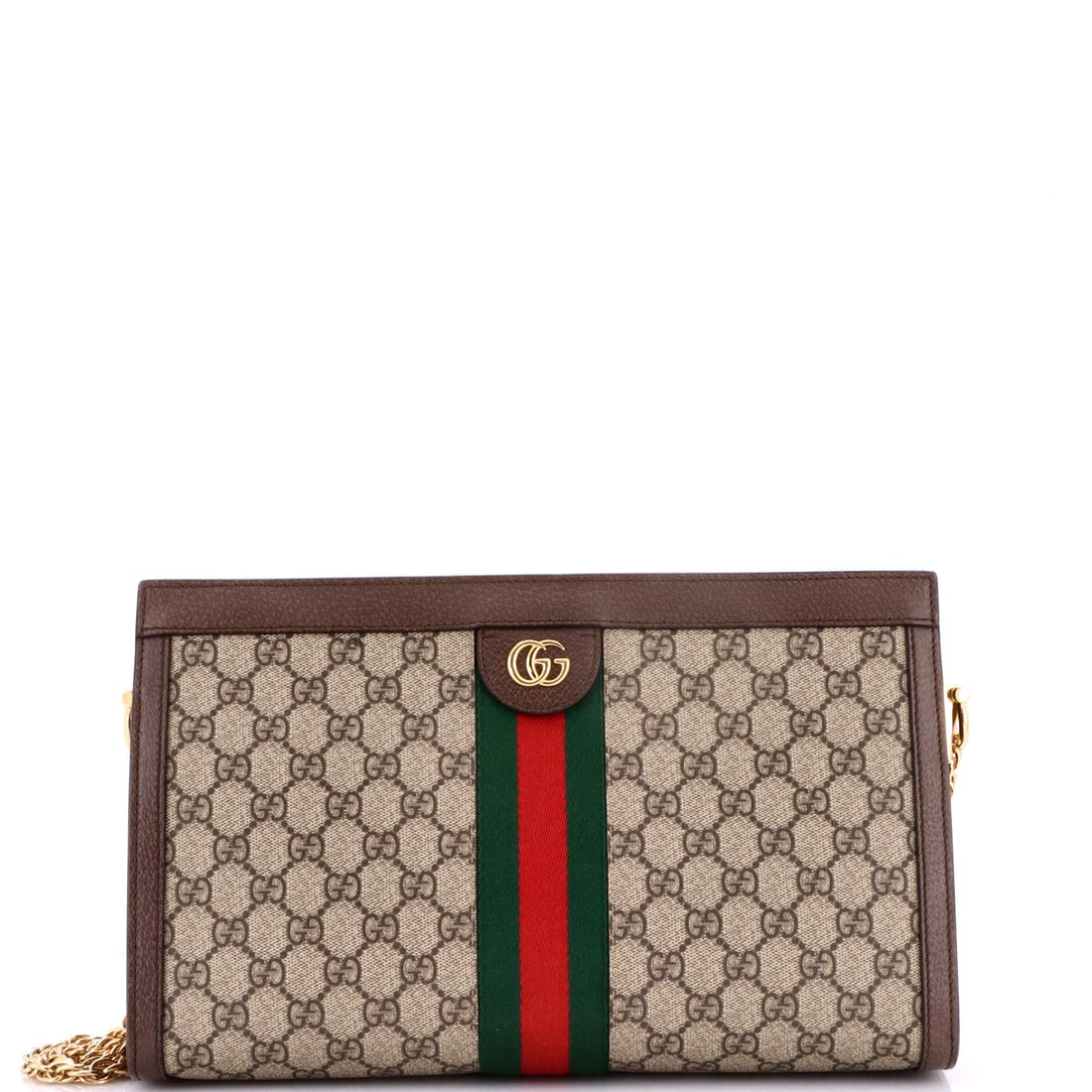 Gucci Ophidia Chain Shoulder Bag GG Coated Canvas: This is the Ophidia as the line is meant to read - the boxy silhouette finished with the green-red-green Web stripe Aldo Gucci first stitched onto saddlery in the 1950s, in the proportions Gucci has h