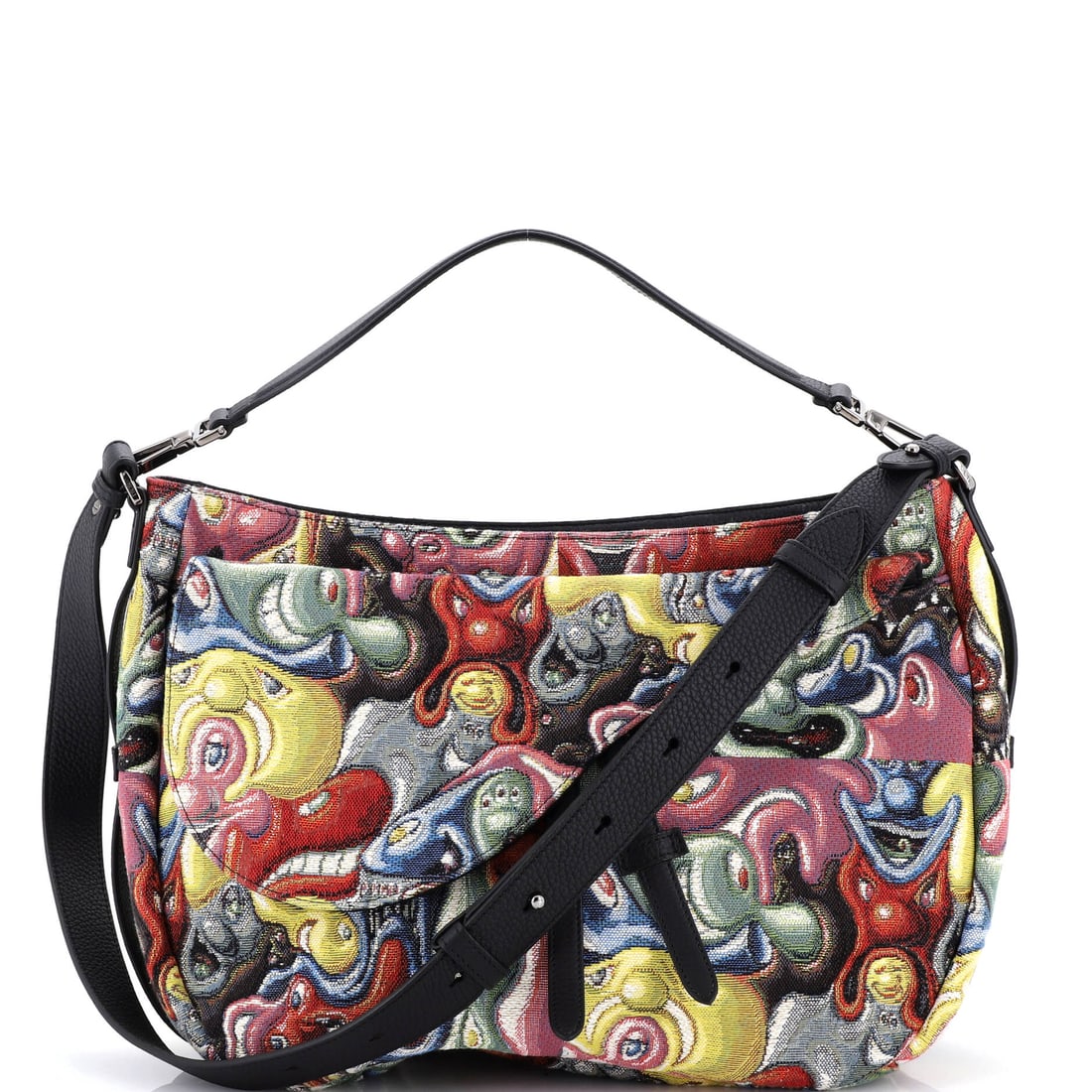 Christian Dior Kenny Scharf Saddle Soft Bag Jacquard Printed Canvas: The reason the Saddle continues to anchor the Christian Dior catalogue is simple: the asymmetric, stirrup-clasp silhouette John Galliano drew up for Dior in 1999. Worked in jacquard (the patterned-in-