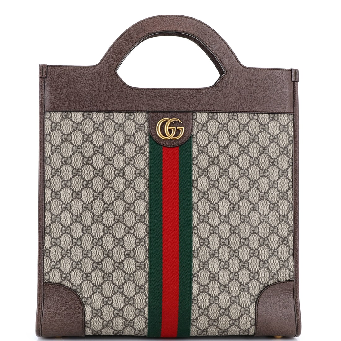 Gucci Ophidia Cut Out Handle Tote GG Coated Canvas: Pieces like this Gucci Ophidia are why the line is considered a baseline: the boxy silhouette finished with the green-red-green Web stripe Aldo Gucci first stitched onto saddlery in the 1950s. It is f