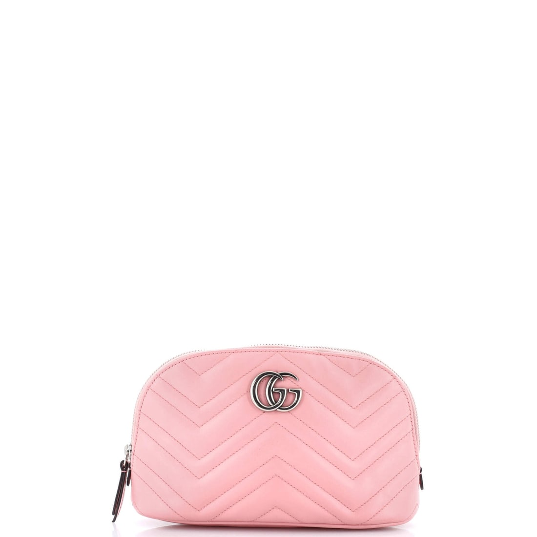 Gucci GG Marmont Cosmetic Case Matelasse Leather: Open the Marmont once and the line announces itself: the quilted-leather flap silhouette finished with the antique-finish double-G clasp that names it. It is finished in matelasse leather (the chevron