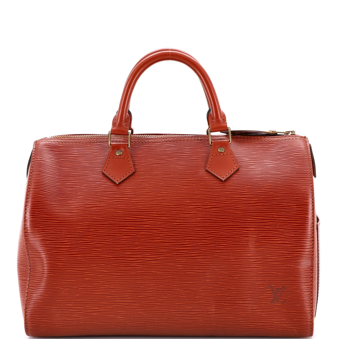 Louis Vuitton Speedy Handbag Epi Leather: Examined closely, the Speedy resolves around a single design idea: the rolled top handles, the curved silhouette and the front-and-back symmetry that have made it the most copied bag in handbag