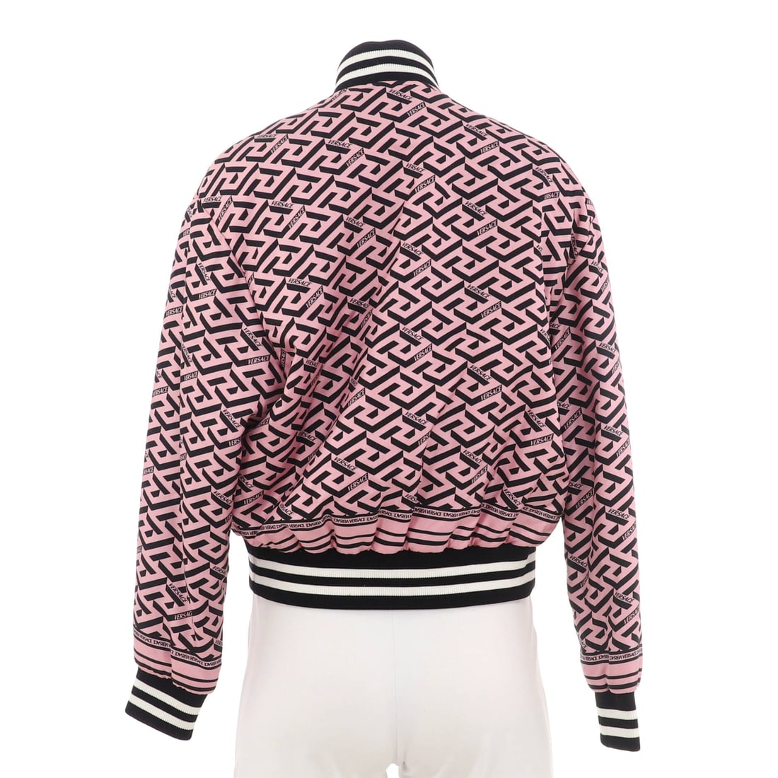 Versace Women's La Greca Bomber Jacket Printed Silk -: Rendered in printed silk, the Versace Women's La Greca Bomber Jacket reads as a quietly authoritative wardrobe layer. The construction reads as ready to live in a working wardrobe rather than a