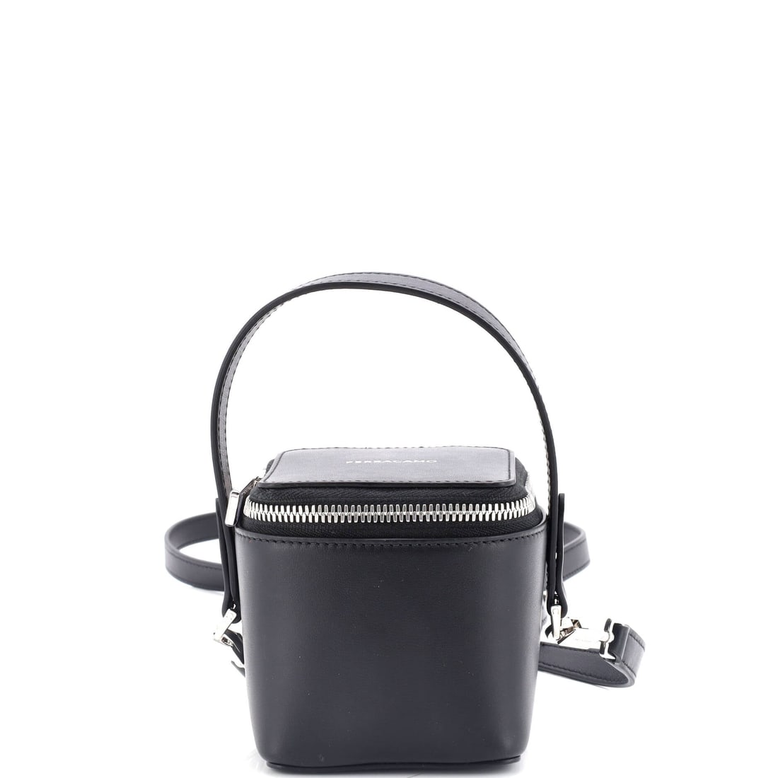 Salvatore Ferragamo Gancicni Top Handle Vanity Case Leather Micro: The Gancicni Top Handle Vanity Case sits in Salvatore Ferragamo's most quietly confident silhouette family, where line and weight do the talking. The build sits in Leather, finished to the standard