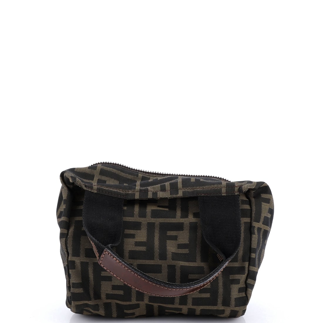 Fendi Vintage 1925 Cosmetic Tote Zucca Canvas Mini: Fendi built the Vintage 1925 Cosmetic Tote as a piece that holds its own in a wardrobe rather than competing with it. The leatherwork is in the Zucca, Fendi's archival diagonal double-F print, the kin