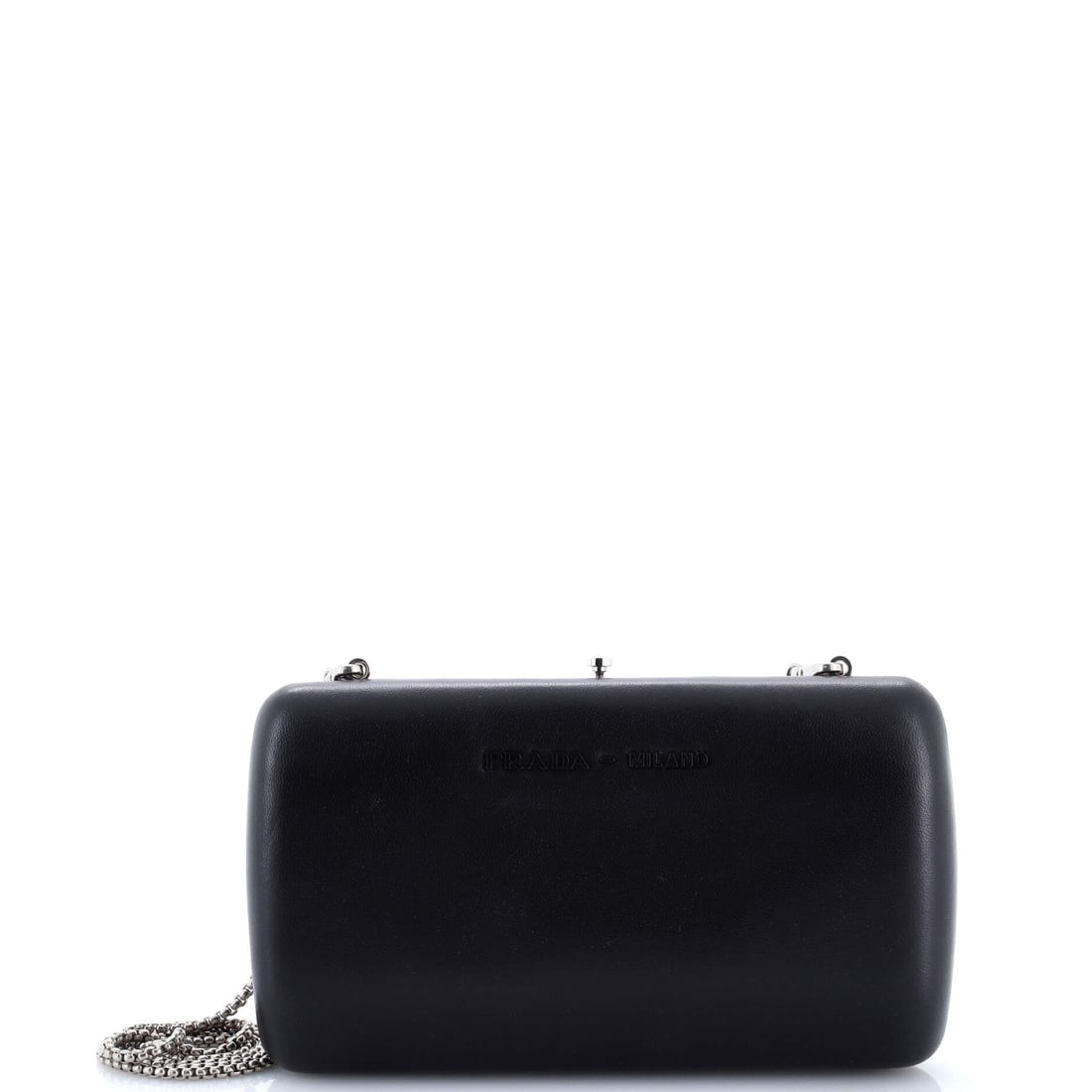 Prada Logo Convertible Chain Box Clutch Leather: This Prada Logo Convertible Chain Box Clutch arrives through Maison de Beaubigonne's trade channel with the silhouette the house treats as a fixture in its core lineup. Built in Leather, the silhouett