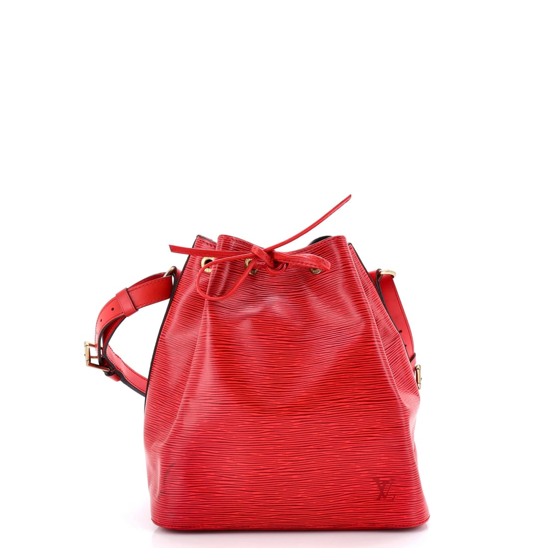 Louis Vuitton Petit Noe Handbag Epi Leather: Presented here, the Louis Vuitton Petit Noe Handbag arrives with the proportions and stance that the house refined into a recognizable signature. Surface and finish come from Epi leather, Vuitton's te