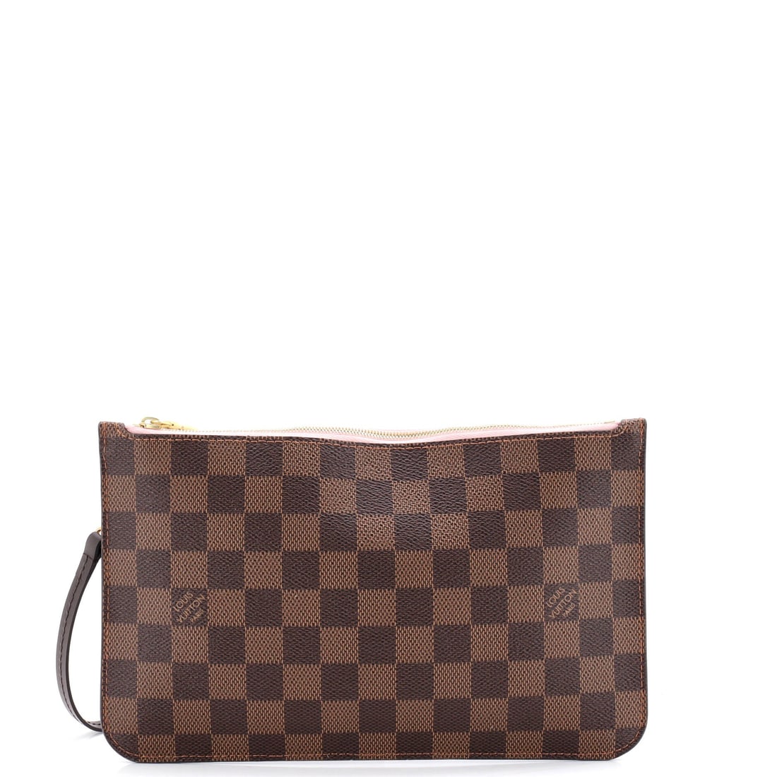 Louis Vuitton Neverfull Pochette Damier Large: Louis Vuitton's Neverfull Pochette is a small-scale carry done at full atelier discipline, with hardware and edge-paint to match. Construction sits in the Damier coated canvas, Vuitton's checkerboard