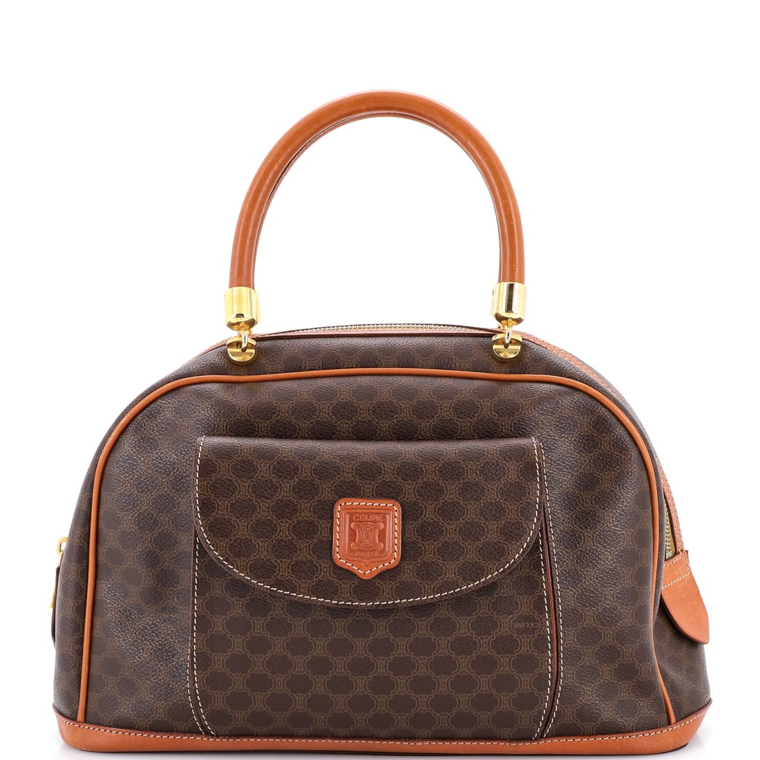 Celine Vintage Front Pocket Top Handle Bag Macadam Coated Canvas: A Celine Vintage Front Pocket Top Handle Bag in this configuration carries the proportions that have made the model a steady fixture in collector rotations. It is finished in the Macadam, Givenchy's